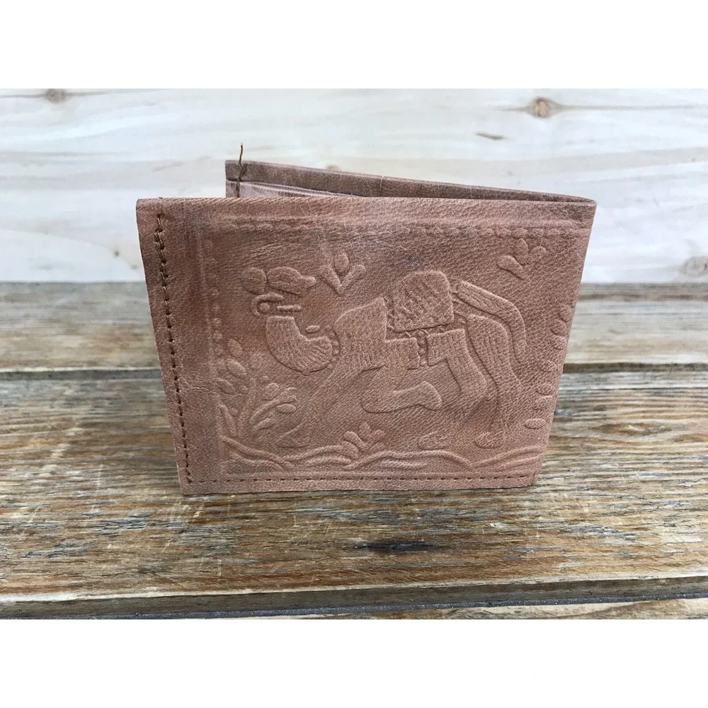 Vintage Handmade Hand Tooled Embossed Brown Leather Wallet Camel